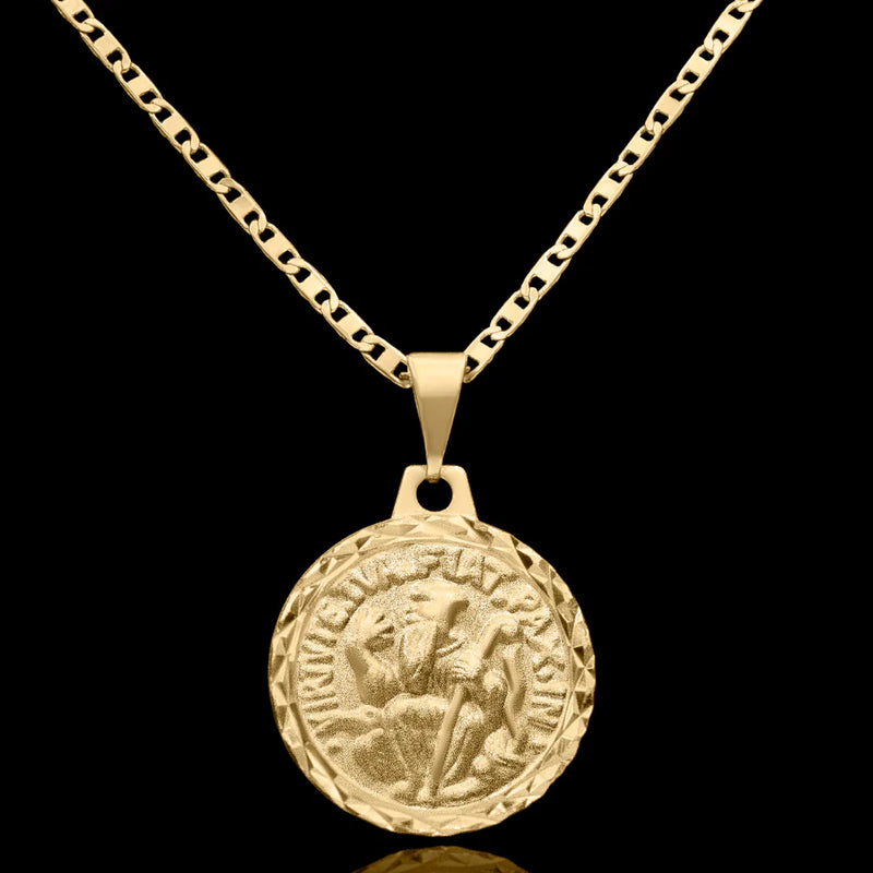 Cadena Piastrina de 2mm con colgante de San Benito de 20mm Baño de Oro de 18k