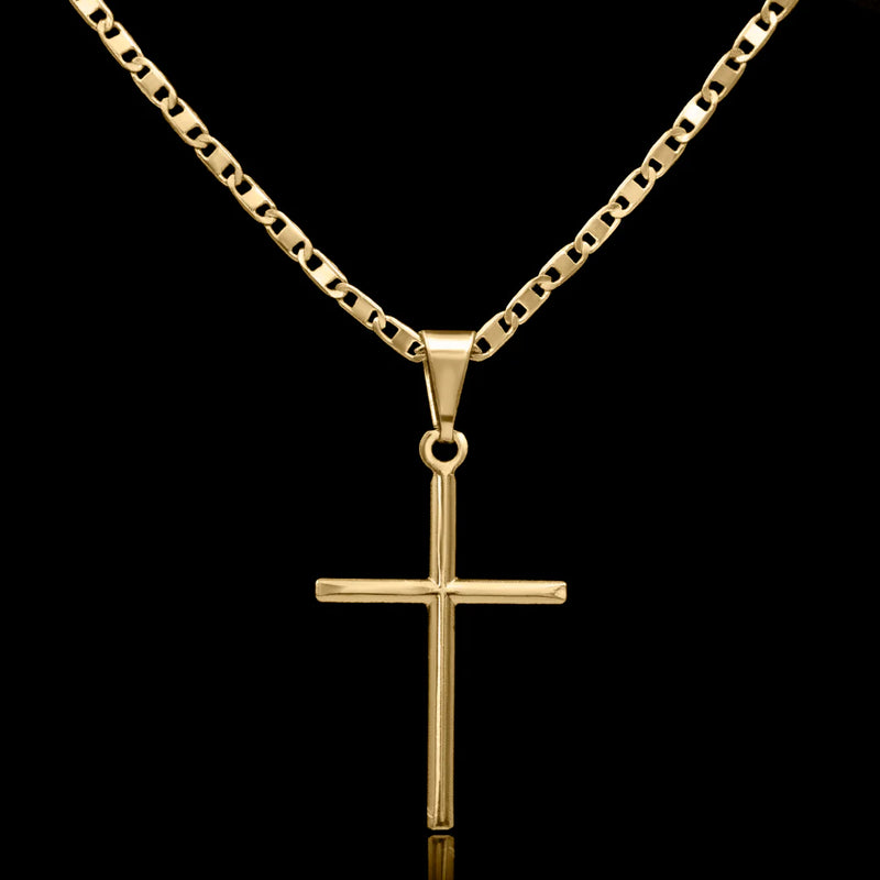 Cadena Piastrina de 2 mm con colgante de cruz lisa bañada en oro de 18 k