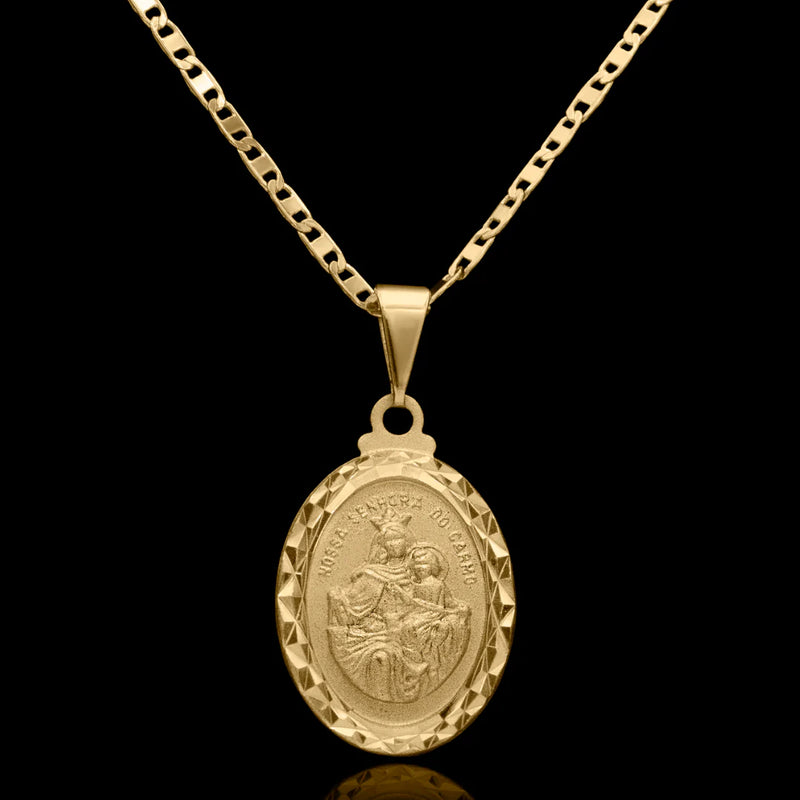 Cadena Piastrina de 2mm con Colgante de Nuestra Señora del Carmen Baño de Oro 18k