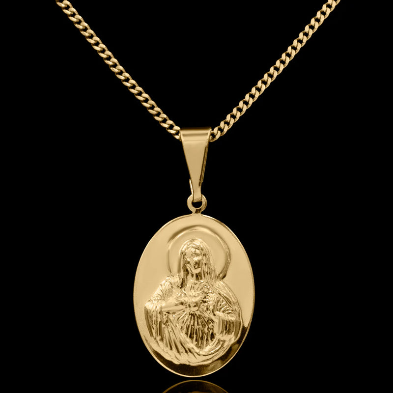 Cadena Grumet de 1,5 mm con colgante del Sagrado Corazón de María bañada en oro de 18 quilates