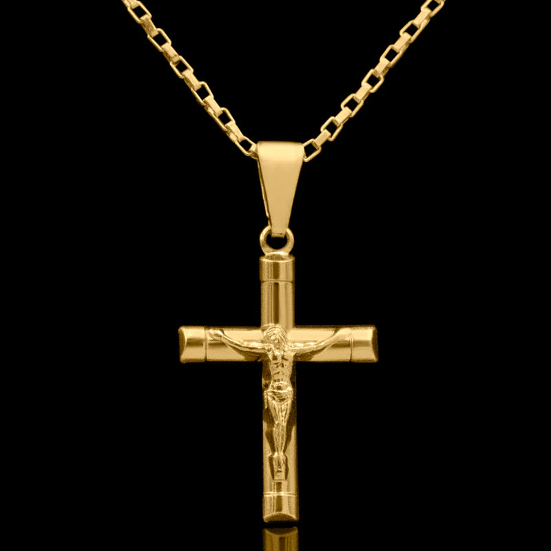 Corrente Tijolinho 1mm com pingente Cruz com Jesus Banhado a Ouro 18k
