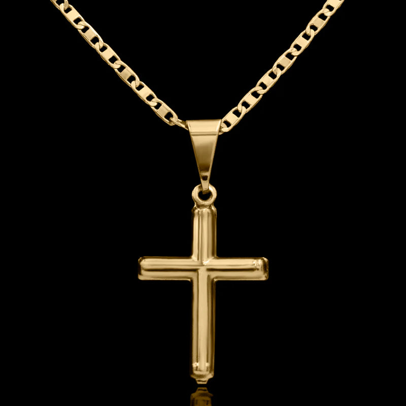 Cadena de piastrina de 2 mm con colgante de cruz hueca bañada en oro de 18 k
